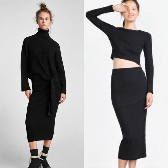 Zara Skirts | Zara Ribbed Knit Midi Skirt Black Small Nwt ...